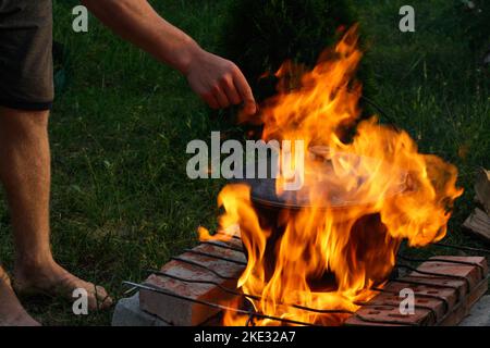 Flou artistique de près de la main humaine tenant une flamme de feu. Homme cuisant de la soupe de poisson dans le melon de fer au-dessus d'un feu de camp. Soupe dans un pot dans le feu. Vert nature g Banque D'Images