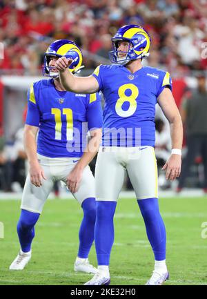 6 nov. 2022 ; Tampa, FL États-Unis ; Matt Gay (8), kicker des Rams de Los Angeles, lors d'un match de la NFL au Raymond James Stadium. Les Buccaneers battent les Rams 16-13. (Steve Jacobson/image du sport) Banque D'Images