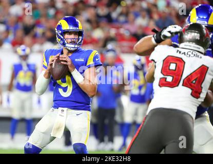 6 nov. 2022 ; Tampa, FL États-Unis ; quarterback des Rams de Los Angeles Matthew Stafford (9 ans) lors d'un match de la NFL au Raymond James Stadium. Les Buccaneers battent les Rams 16-13. (Steve Jacobson/image du sport) Banque D'Images