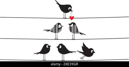 Silhouettes d'oiseaux sur fil tenant coeur rouge illustration, vecteur. Dessin animé amusant. Affiche minimaliste isolée sur fond blanc Illustration de Vecteur