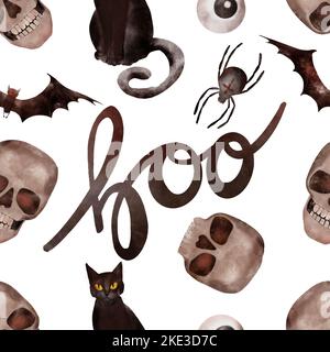 Motif sans couture avec un crâne, un chat noir et l'inscription BOO. Illustration aquarelle Banque D'Images