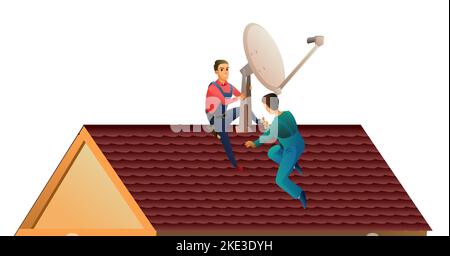 Les travailleurs travaillent sur le toit. Deux travailleurs installent une antenne parabolique sur le toit. Antenne pour télévision et Internet. Illustration de service isolée sur la ba blanche Illustration de Vecteur