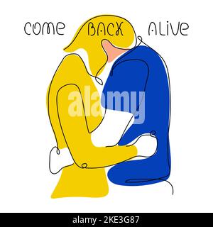 Couple ukrainien qui se déchois et dont le texte est chancelant - REVENEZ EN VIE. Illustration vectorielle dessinée à la main, un style d'art en ligne pour carte postale et autres éléments de merch About support Illustration de Vecteur