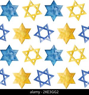 Motif aquarelle sans couture Star of David pour Hanoukkah et d'autres fêtes juives. Bleu, jaune or. Pour le papier d'emballage, les tissus, la polygraphie. Banque D'Images