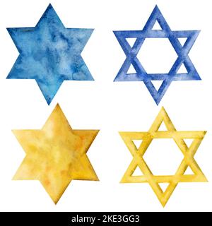 Illustrations aquarelles Star of David. Ensemble de 4 Magen David dans les couleurs bleu et or jaune sur fond blanc. Six chiffres géométriques hexagrammes pointés Banque D'Images