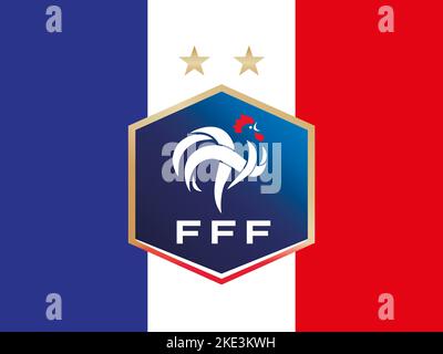 Blason de la Fédération française de football FFF sur le drapeau français, illustration vectorielle Banque D'Images