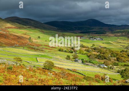 Ciel d'humeur changeante au-dessus de la montagne de Diffwys avec des terres agricoles verdoyantes en premier plan, près de Barmouth, pays de Galles. Banque D'Images