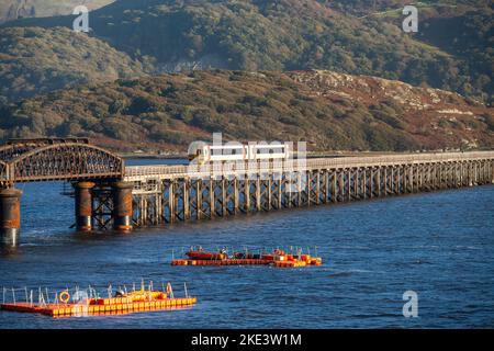 Un train traversant le pont à péage de Barmouth en traversant la rivière Afon Mawddach, Barmouth, Gwynedd, pays de Galles, Royaume-Uni Banque D'Images