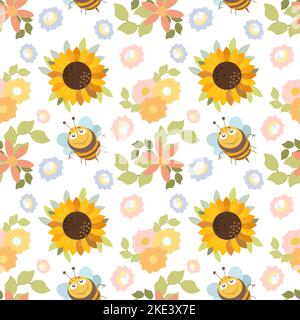 Abeilles paternelles et tournesols dans le thème de l'été dans le style des illustrations Illustration de Vecteur