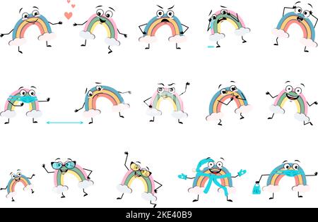Ensemble de caractère arc-en-ciel mignon avec des émotions heureuses ou tristes, la panique, l'amour ou brave visage, les mains et les jambes. Personne avec masque, lunettes ou chapeau. Illustration vectorielle plate Illustration de Vecteur