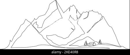 dessin d'une seule ligne continue de paysage de montagne avec cabine et arbres, illustration vectorielle d'art de ligne Illustration de Vecteur