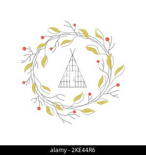 Jolie maison de triangle à lignes vectorielles. Cadre de couronne avec baies. Logo, carte, bannière mignonne. Illustration de Vecteur