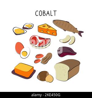 Aliments contenant du cobalt. Groupes de produits sains contenant des vitamines et des minéraux. Ensemble de fruits, légumes, viandes, poissons et produits laitiers Illustration de Vecteur