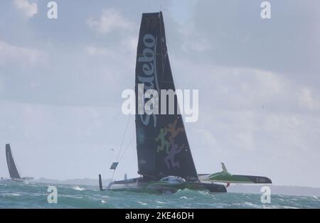 ULTIM 32/23 SODEBO ULTIM 3 Skipper Thomas Coville pendant la route du Rhum-destination Guadeloupe 2022, course transatlantique solo, Saint-Malo - Guadeloupe (6 562 kilomètres) sur 9 novembre 2022 à Saint-Malo, France. Photo de Laurent Lairys/ABACAPRESS.COM Banque D'Images