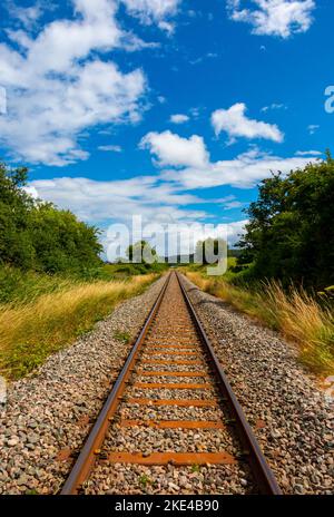 Chemin de fer à voie unique près de Danby sur la ligne de la vallée d'Esk qui relie Middlesbrough et Whitby dans le parc national de North York Moors, Angleterre Banque D'Images