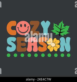 Un arrière-plan de texte coloré avec une saison confortable avec des feuilles sur fond noir Illustration de Vecteur