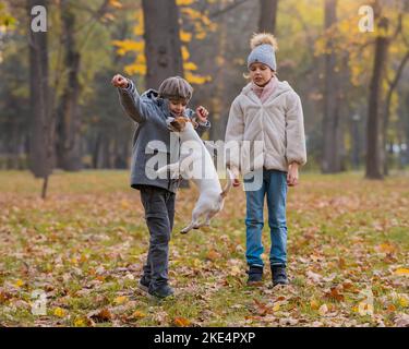 Les enfants du Caucase marchent avec le Jack russell terrier dans le parc d'automne. Garçon, fille et chien sautent à l'extérieur. Banque D'Images