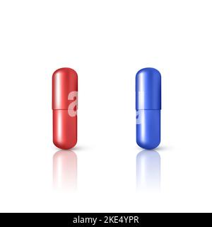 Pilules de médicament dans le style de matrice. 3D comprimés rouges et bleus. Capsules de vitamine avec réflexion isolée sur blanc. Illustration vectorielle Illustration de Vecteur