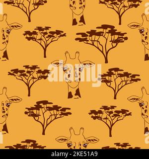 Motif orange africain sans couture avec têtes de girafe et arbres Illustration de Vecteur