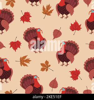 Motif sans couture avec motif représentant un oiseau de dinde et des feuilles d'automne. Illustration du jour de Thanksgiving. Illustration de Vecteur