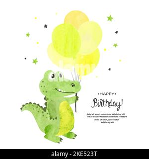 Motif carte d'anniversaire. Adorable crocodile aquarelle avec ballons. Illustration de Vecteur