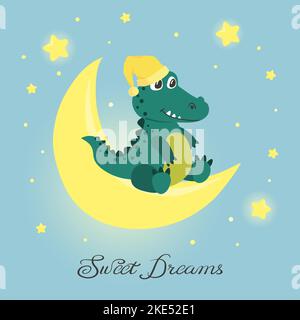 Joli petit crocodile sur la lune. Affiche Sweet Dreams pour enfants Illustration de Vecteur