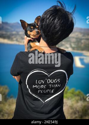 Une femme à poil court tenant un chiot Chihuahua tout en portant un t-shirt noir avec une citation de chien Banque D'Images