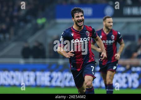 Milan, Italie. 09th novembre 2022. Riccardo Orsolini du FC de Bologne célèbre lors de la série Un match de football 2022/23 entre le FC Internazionale et le FC de Bologne au stade Giuseppe Meazza de Milan. Score final: Inter 6 - 1 Bologna crédit: SOPA Images Limited/Alay Live News Banque D'Images