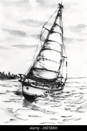 Yacht moderne sur l'eau. Encre sur papier. Banque D'Images