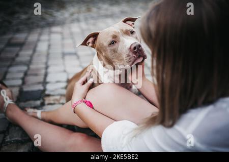 Femme et Pit Bull américain Banque D'Images
