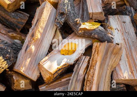 Pile de bois de chauffage avec des feuilles jaunes tombées en automne. Préparation de bois de chauffage en hiver. Banque D'Images