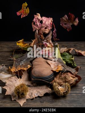 Une vieille chaussure est couverte de feuilles d'automne tombant des arbres Banque D'Images