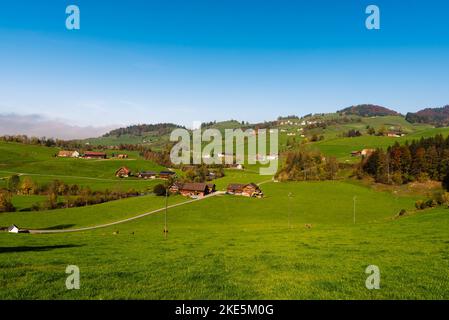 Paysage typique dans les Appenzellerland avec fermes, prairies et pâturages, canton Appenzell Innerrhoden, Suisse Banque D'Images