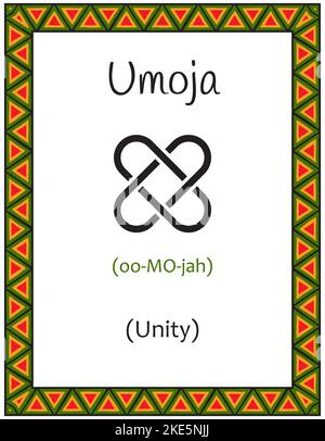 Une carte avec l'un des principes de Kwanzaa. Le symbole Umoja signifie unité en swahili. Affiche avec affiche et description. Modèle ethnique africain en traditiona Illustration de Vecteur