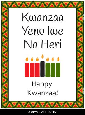 Carte aux sept bougies traditionnelles, symboles de Kwanzaa et mots - Kwanzaa Yenu IWE Na Heri - Happy Kwanzaa en swahili. Affiche avec PA ethnique africaine Illustration de Vecteur