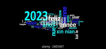 carte de vœux 2023 sur fond noir, nouvelle année traduite dans de nombreuses langues Banque D'Images