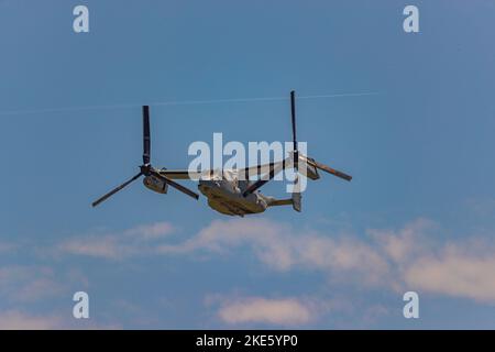 Le Boeing MV-22B Osprey vole dans l'air contre le ciel bleu pendant la journée Banque D'Images