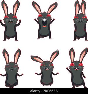 Lapin noir nerveux dans différentes poses et expressions ensemble. Illustration de Vecteur