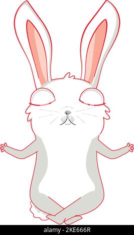 Lapin blanc de dessin animé assis dans la pose de lotus et méditer. Illustration de Vecteur