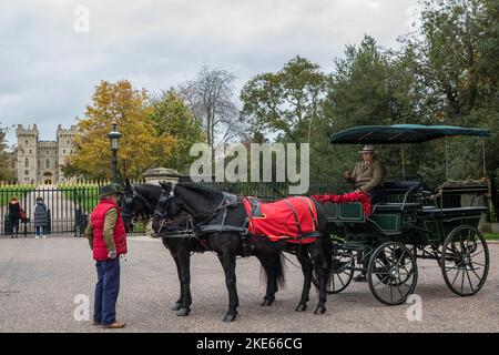 Windsor, Royaume-Uni. 10th novembre 2022. Un chariot traditionnel à Hackney tiré par des chevaux de Windsor Carriages est photographié à l'extérieur du château de Windsor. Depuis 1849, les wagons de Windsor sont autorisés à fournir des wagons à l'intérieur de Windsor et des environs. Crédit : Mark Kerrison/Alamy Live News Banque D'Images