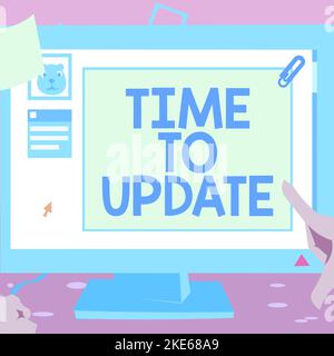 Affiche textuelle indiquant l'heure de mise à jour. Mise à jour du logiciel Conceptual photo System pour une amélioration ou une compatibilité Banque D'Images