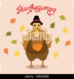 Dinde dans un chapeau avec une citrouille. Thanksgiving Art. Joyeux Thanksgiving. Éléments dessinés à la main. Art vectoriel Illustration de Vecteur