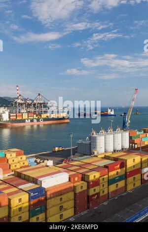 MSC Santana cargo et quais avec grues portiques et conteneurs d'expédition empilés dans le port commercial de la Spezia, province de la Spezia, Italie. Banque D'Images