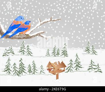 Paysage d'hiver forêt avec neige avec une branche d'un arbre et Bluebird avec alimenteur thème de noël fond naturel vintage vecteur illustration montage Illustration de Vecteur