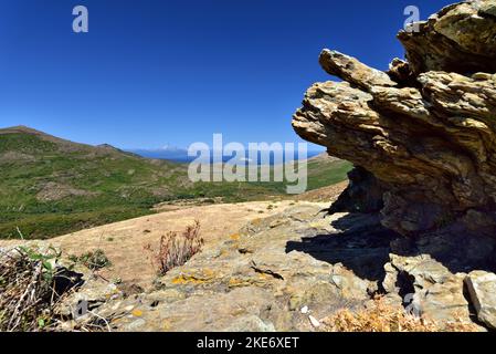 Point de vue panoramique de Rogliano sur la péninsule Cap Corse, situé à l'extrémité nord de l'île. Banque D'Images