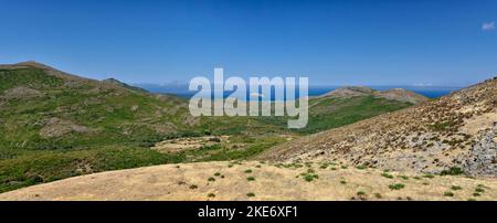 Point de vue panoramique de Rogliano sur la péninsule Cap Corse, situé à l'extrémité nord de l'île. Banque D'Images