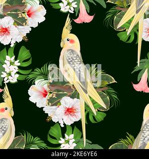 Texture sans couture jaune cocatier mignon oiseau tropical drôle perroquet et hibiscus blanc aquarelle style sur un fond vert vintage vecteur illustrati Illustration de Vecteur