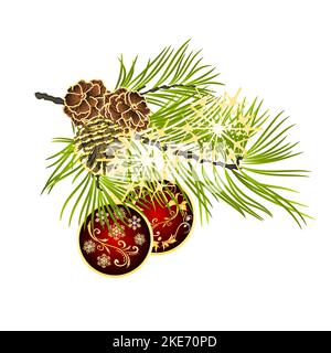 Décoration de Noël et du nouvel an décorations rouges de Noël avec trois feuilles dorées et branche de sapin avec des cônes de pin et un flocon de neige doré vintage ve Illustration de Vecteur