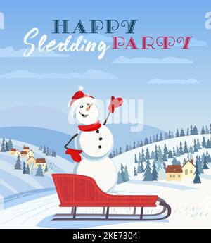 Un bonhomme de neige invite à une affiche de scénario de fête de luge Illustration de Vecteur