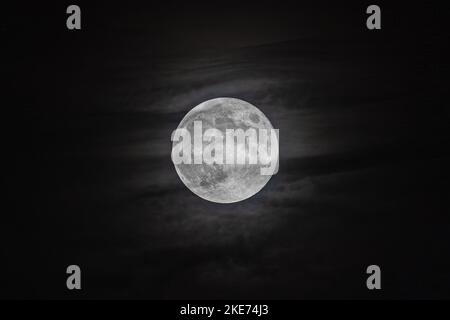 Pleine lune avec fond nuageux. Beaver Moon. Photo de nuit avec pleine lune de cercle Banque D'Images
